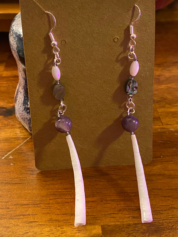 Handmade Dentalium shell, Amethyst, Abalone & Mother of pearl Earrings