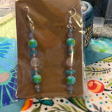 Handmade Beaded Earrings: Raw Turquoise, Rose Quartz, Czech Seed Beads & painted beads