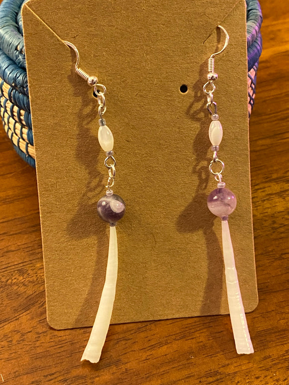 Handmade Mother of pearl, Amethyst & Dentalium Earrings