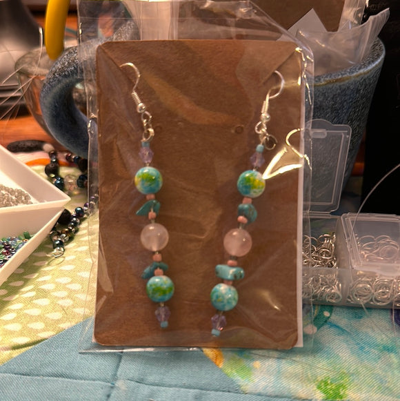 Handmade Beaded Earrings: Raw Turquoise, Rose Quartz, Czech Seed Beads & painted beads